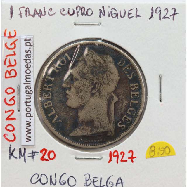 MOEDA DE 1 FRANC CUPRO NÍQUEL 1927 - CONGO BELGA - KRAUSE WORLD COINS BELGIAN CONGO KM 20