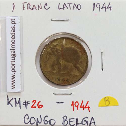 MOEDA DE 1 FRANC LATÃO 1944 - CONGO BELGA - KRAUSE WORLD COINS BELGIAN CONGO KM 26