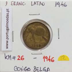 MOEDA DE 1 FRANC LATÃO 1946 - CONGO BELGA - KRAUSE WORLD COINS BELGIAN CONGO KM 26