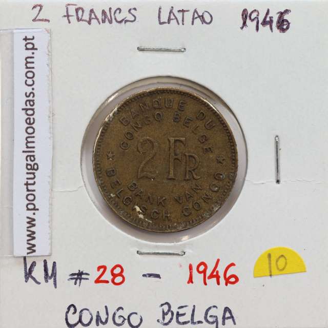 MOEDA DE 2 FRANCS LATÃO 1946 - CONGO BELGA - KRAUSE WORLD COINS BELGIAN CONGO KM 28