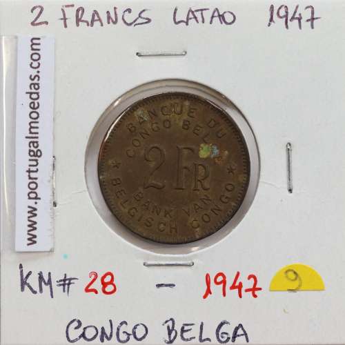 MOEDA DE 2 FRANCS LATÃO 1947 - CONGO BELGA - KRAUSE WORLD COINS BELGIAN CONGO KM 28