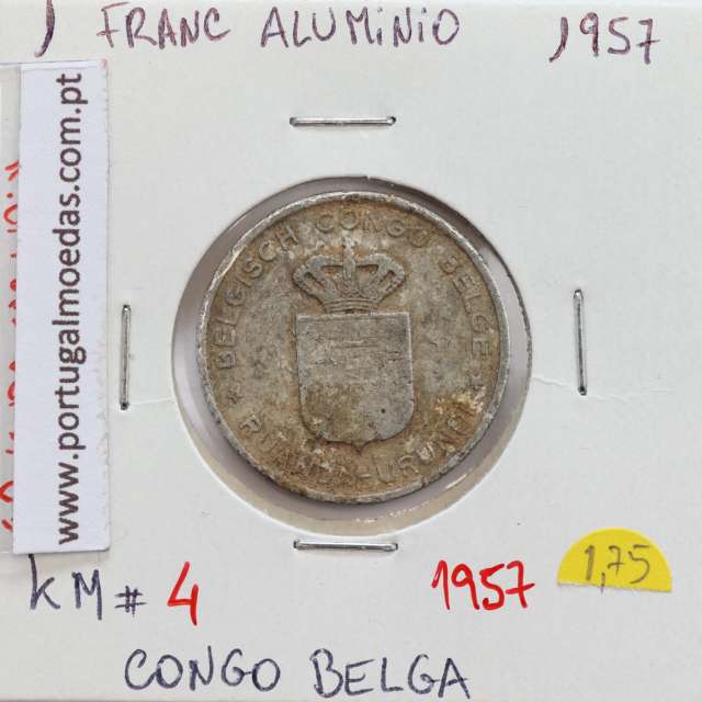 MOEDA DE 1 FRANC ALUMINÍO 1957 - CONGO BELGA - KRAUSE WORLD COINS BELGIAN CONGO KM 4