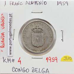 MOEDA DE 1 FRANC ALUMINIO 1959 - CONGO BELGA - KRAUSE WORLD COINS BELGIAN CONGO KM 4