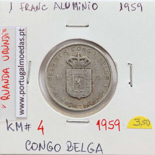 MOEDA DE 1 FRANC ALUMINIO 1959 - CONGO BELGA - KRAUSE WORLD COINS BELGIAN CONGO KM 4