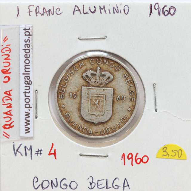 MOEDA DE 1 FRANC ALUMINIO 1960 - CONGO BELGA - KRAUSE WORLD COINS BELGIAN CONGO KM 4