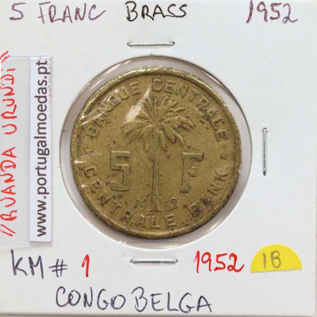 MOEDA DE 5 FRANCS LATÃO 1952 - CONGO BELGA - KRAUSE WORLD COINS BELGIAN CONGO KM 1