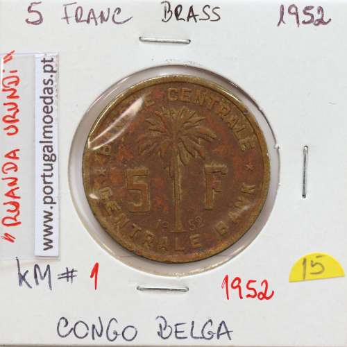 MOEDA DE 5 FRANCS LATÃO 1952 - CONGO BELGA - KRAUSE WORLD COINS BELGIAN CONGO KM 1