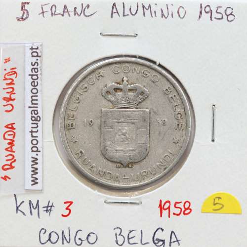 MOEDA DE 5 FRANCS ALUMINIO1958 - CONGO BELGA - KRAUSE WORLD COINS BELGIAN CONGO KM 3