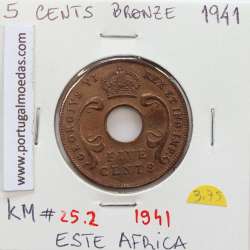 MOEDA DE 5 CENTS BRONZE 1941- ÁFRICA ORIENTAL - KRAUSE WORLD COINS EAST AFRICA KM 25.2