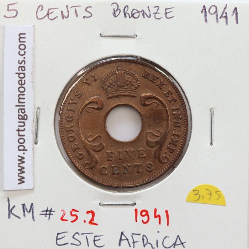 MOEDA DE 5 CENTS BRONZE 1941- ÁFRICA ORIENTAL - KRAUSE WORLD COINS EAST AFRICA KM 25.2