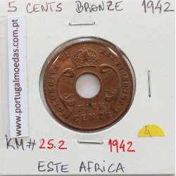 MOEDA DE 5 CENTS BRONZE 1942- ÁFRICA ORIENTAL - KRAUSE WORLD COINS EAST AFRICA KM 25.2