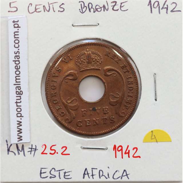 MOEDA DE 5 CENTS BRONZE 1942- ÁFRICA ORIENTAL - KRAUSE WORLD COINS EAST AFRICA KM 25.2