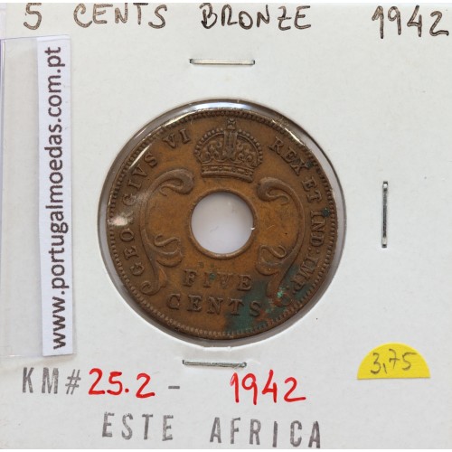 MOEDA DE 5 CENTS BRONZE 1942- ÁFRICA ORIENTAL - KRAUSE WORLD COINS EAST AFRICA KM 25.2
