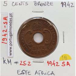 MOEDA DE 5 CENTS BRONZE 1942SA- ÁFRICA ORIENTAL - KRAUSE WORLD COINS EAST AFRICA KM 25.2