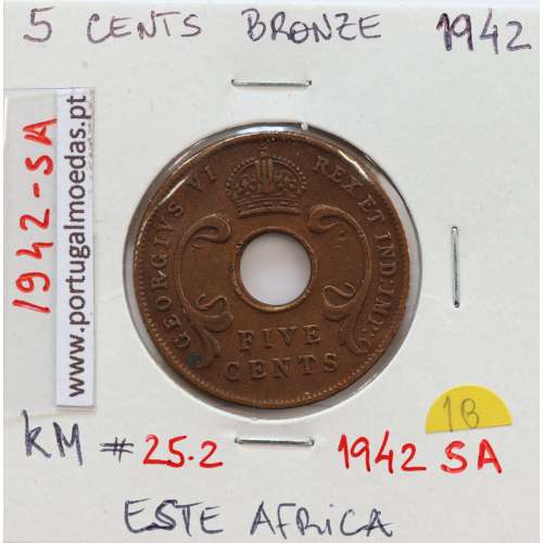 MOEDA DE 5 CENTS BRONZE 1942SA- ÁFRICA ORIENTAL - KRAUSE WORLD COINS EAST AFRICA KM 25.2