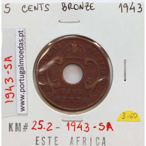 MOEDA DE 5 CENTS BRONZE 194SA- ÁFRICA ORIENTAL - KRAUSE WORLD COINS EAST AFRICA KM 25.2