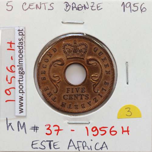 MOEDA DE 5 CENTS BRONZE 1956H- ÁFRICA ORIENTAL - KRAUSE WORLD COINS EAST AFRICA KM 37