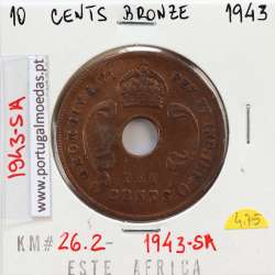 MOEDA DE 10 CENTS BRONZE 1943SA- ÁFRICA DE ORIENTAL - KRAUSE WORLD COINS EAST AFRICA KM 26.2