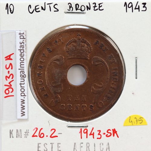 MOEDA DE 10 CENTS BRONZE 1943SA- ÁFRICA DE ORIENTAL - KRAUSE WORLD COINS EAST AFRICA KM 26.2