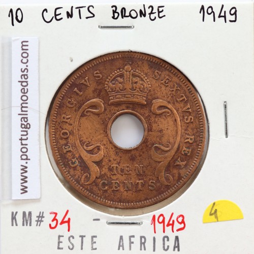MOEDA DE 10 CENTS BRONZE 1949- ÁFRICA DE ORIENTAL - KRAUSE WORLD COINS EAST AFRICA KM 34