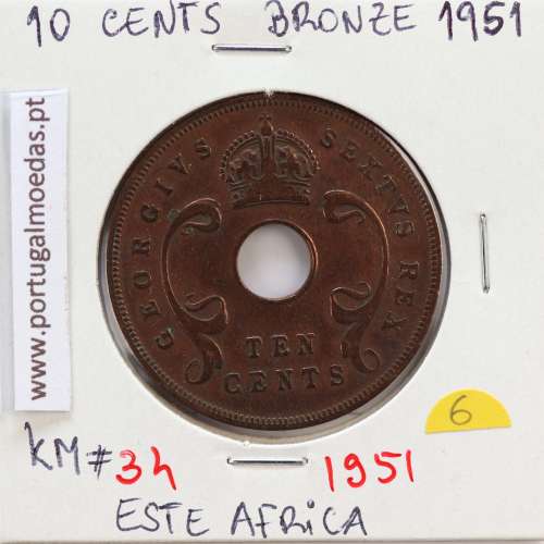 MOEDA DE 10 CENTS BRONZE 1951- ÁFRICA DE ORIENTAL - KRAUSE WORLD COINS EAST AFRICA KM 34