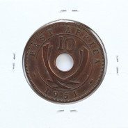 MOEDA DE 10 CENTS BRONZE 1951- ÁFRICA DE ORIENTAL - KRAUSE WORLD COINS EAST AFRICA KM 34