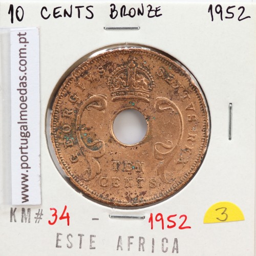 MOEDA DE 10 CENTS BRONZE 1952- ÁFRICA DE ORIENTAL - KRAUSE WORLD COINS EAST AFRICA KM 34