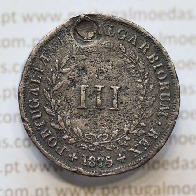 MOEDA 3 RÉIS COBRE (III RÉIS) 1875 (BC- / REG) - REI D. LUIS I - WORLD COINS PORTUGAL KM517