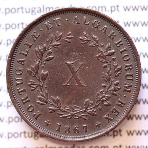 MOEDA 10 RÉIS COBRE (X RÉIS) 1867 (MBC+) - REI D. LUIS I - WORLD COINS PORTUGAL KM514