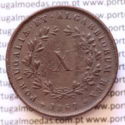 MOEDA 10 RÉIS COBRE (X RÉIS) 1867 (MBC+) - REI D. LUIS I - WORLD COINS PORTUGAL KM514