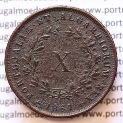 MOEDA 10 RÉIS COBRE (X RÉIS) 1867 (MBC) - REI D. LUIS I - WORLD COINS PORTUGAL KM514