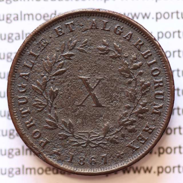 MOEDA 10 RÉIS COBRE (X RÉIS) 1867 (MBC) - REI D. LUIS I - WORLD COINS PORTUGAL KM514