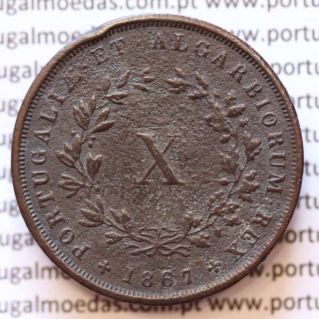 MOEDA 10 RÉIS COBRE (X RÉIS) 1867 (MBC) - REI D. LUIS I - WORLD COINS PORTUGAL KM514