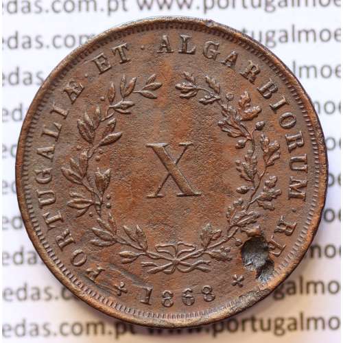 MOEDA 10 RÉIS COBRE (X RÉIS) 1868 (MBC) - REI D. LUIS I - WORLD COINS PORTUGAL KM514