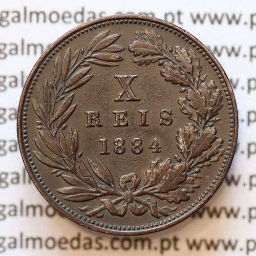 MOEDA 10 RÉIS BRONZE (X RÉIS) 1884 (MBC+/ BELA) - REI D. LUIS I - WORLD COINS PORTUGAL KM526