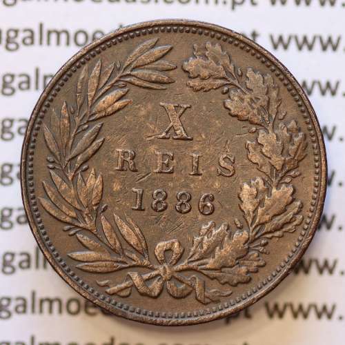 MOEDA 10 RÉIS BRONZE (X RÉIS) 1886 (MBC) - REI D. LUIS I - WORLD COINS PORTUGAL KM526
