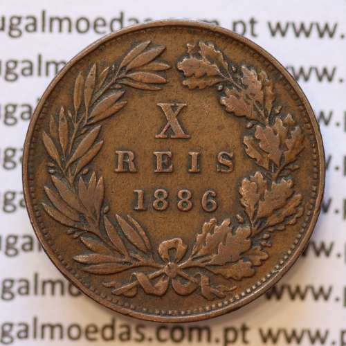 MOEDA 10 RÉIS BRONZE (X RÉIS) 1886 (MBC) - REI D. LUIS I - WORLD COINS PORTUGAL KM526