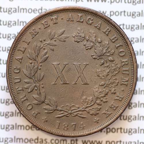 XX Réis 1874 Cobre D. Luis I, 20 Réis ou Vintém de 1874, algarismo "4" com pé, (MBC+), World Coins Portugal KM 515