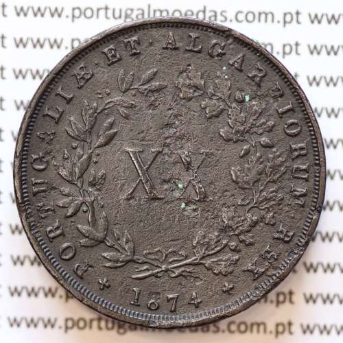 XX Réis 1874 Cobre D. Luis I, 20 Réis ou Vintém de 1874, "data normal", (MBC), World Coins Portugal KM 515