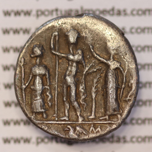 MOEDA DENÁRIO PRATA DA REPÚBLICA ROMANA FAMÍLIA “CORNELIA” (ANO 112 a.C. a 111 a.C.) LEGENDA (CN. BLASIO. CN. F / ROMA.)