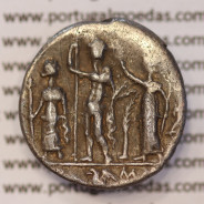 MOEDA DENÁRIO PRATA DA REPÚBLICA ROMANA FAMÍLIA “CORNELIA” (ANO 112 a.C. a 111 a.C.) LEGENDA (CN. BLASIO. CN. F / ROMA.)