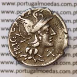 MOEDA DENÁRIO PRATA DA REPÚBLICA ROMANA FAMÍLIA “CURIATIA” (ANO 142 a.C.) LEGENDA (TRIGE / C. CVR / ROMA.)