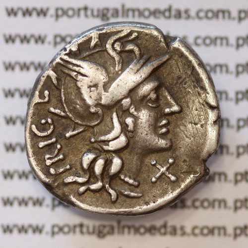 MOEDA DENÁRIO PRATA DA REPÚBLICA ROMANA FAMÍLIA “CURIATIA” (ANO 142 a.C.) LEGENDA (TRIGE / C. CVR / ROMA.)