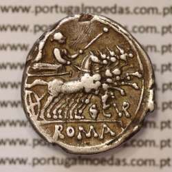 MOEDA DENÁRIO PRATA DA REPÚBLICA ROMANA FAMÍLIA “CURIATIA” (ANO 142 a.C.) LEGENDA (TRIGE / C. CVR / ROMA.)