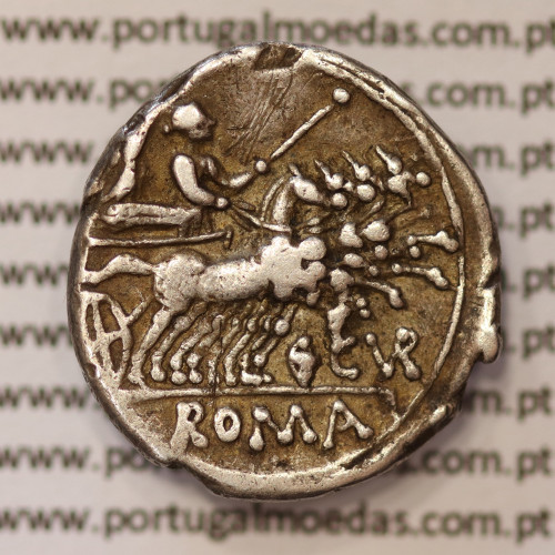 MOEDA DENÁRIO PRATA DA REPÚBLICA ROMANA FAMÍLIA “CURIATIA” (ANO 142 a.C.) LEGENDA (TRIGE / C. CVR / ROMA.)