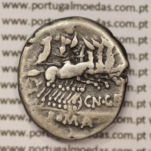 MOEDA DENÁRIO PRATA DA REPÚBLICA ROMANA FAMÍLIA “GELLIA” (ANO 138 a.C.) “CNAEUS GELLIUS” LEGENDA (X/ CN. GEL.. / ROMA)