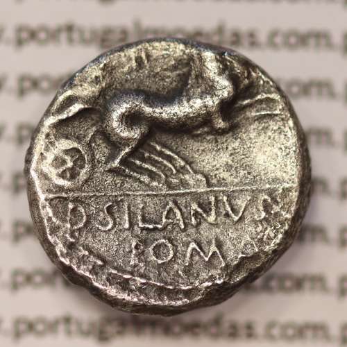 MOEDA DENÁRIO PRATA DA REPÚBLICA ROMANA FAMÍLIA “JUNIA” (ANO 91 a.C.) LEGENDA (M / II / D. SILANVS / ROMA)