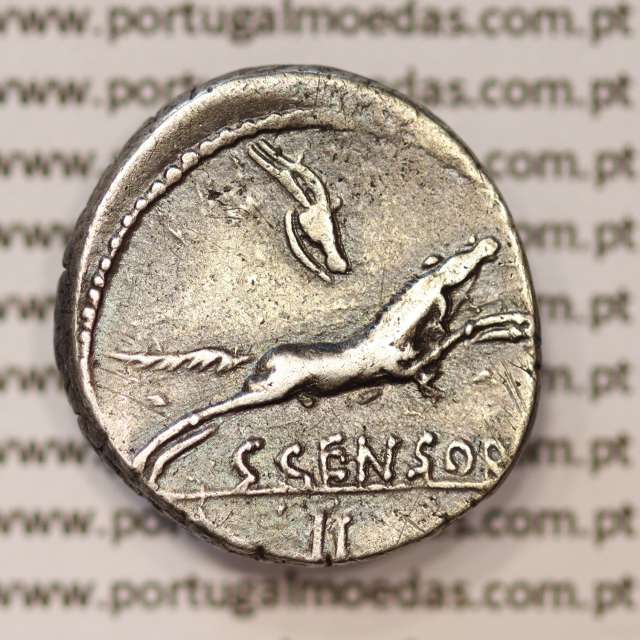 MOEDA DENÁRIO PRATA DA REPÚBLICA ROMANA FAMÍLIA “MARCIA” (ANO 88 a.C.) “CAIUS MARCIUS CENSORINUS” LEGENDA (C. CENSORI / II)