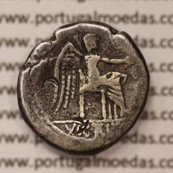 MOEDA QUINÁRIO PRATA DA REPÚBLICA ROMANA FAMÍLIA “PORCIA” (ANO 89 a.C.) “M. PORCIUS CATO” LEGENDA (M.CATO / VICTRIX)