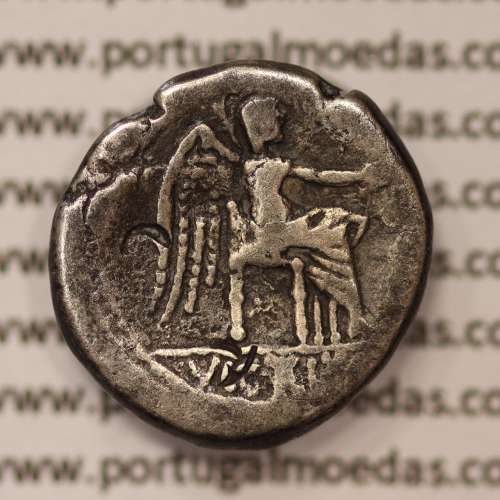 MOEDA QUINÁRIO PRATA DA REPÚBLICA ROMANA FAMÍLIA “PORCIA” (ANO 89 a.C.) “M. PORCIUS CATO” LEGENDA (M.CATO / VICTRIX)
